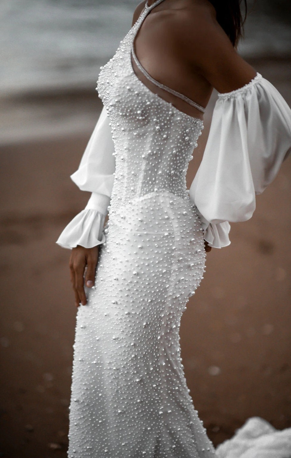 Detached Chiffon/Silk Chiffon 3/4 Pearl Beaded Bicep Sleeves