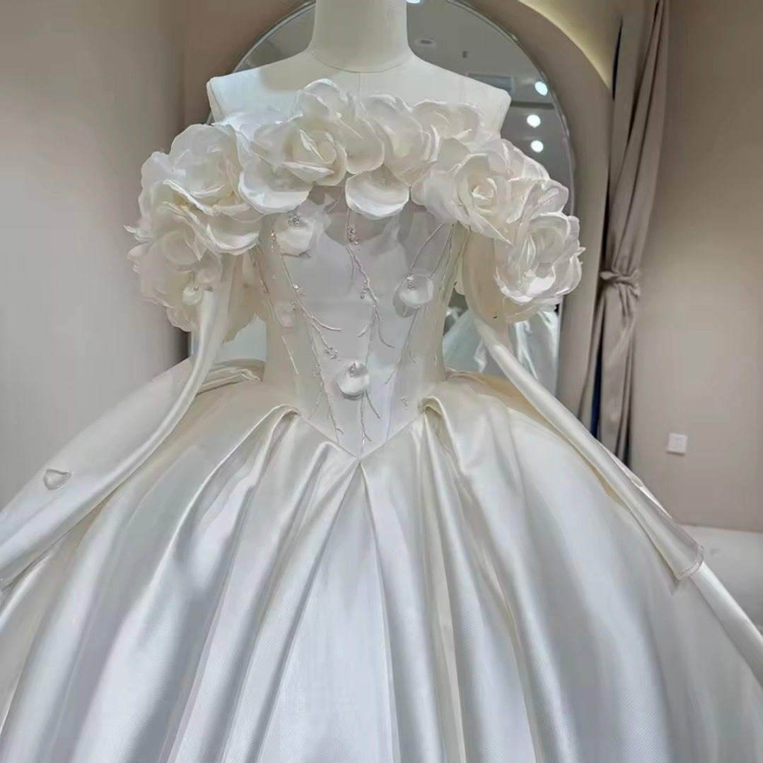 Long Sleeve Off The Shoulder Floral Appliqués Detail Cathedral A-Line Bridal Ball Room Gown With Detached Bold And Beautiful Floral Bolero