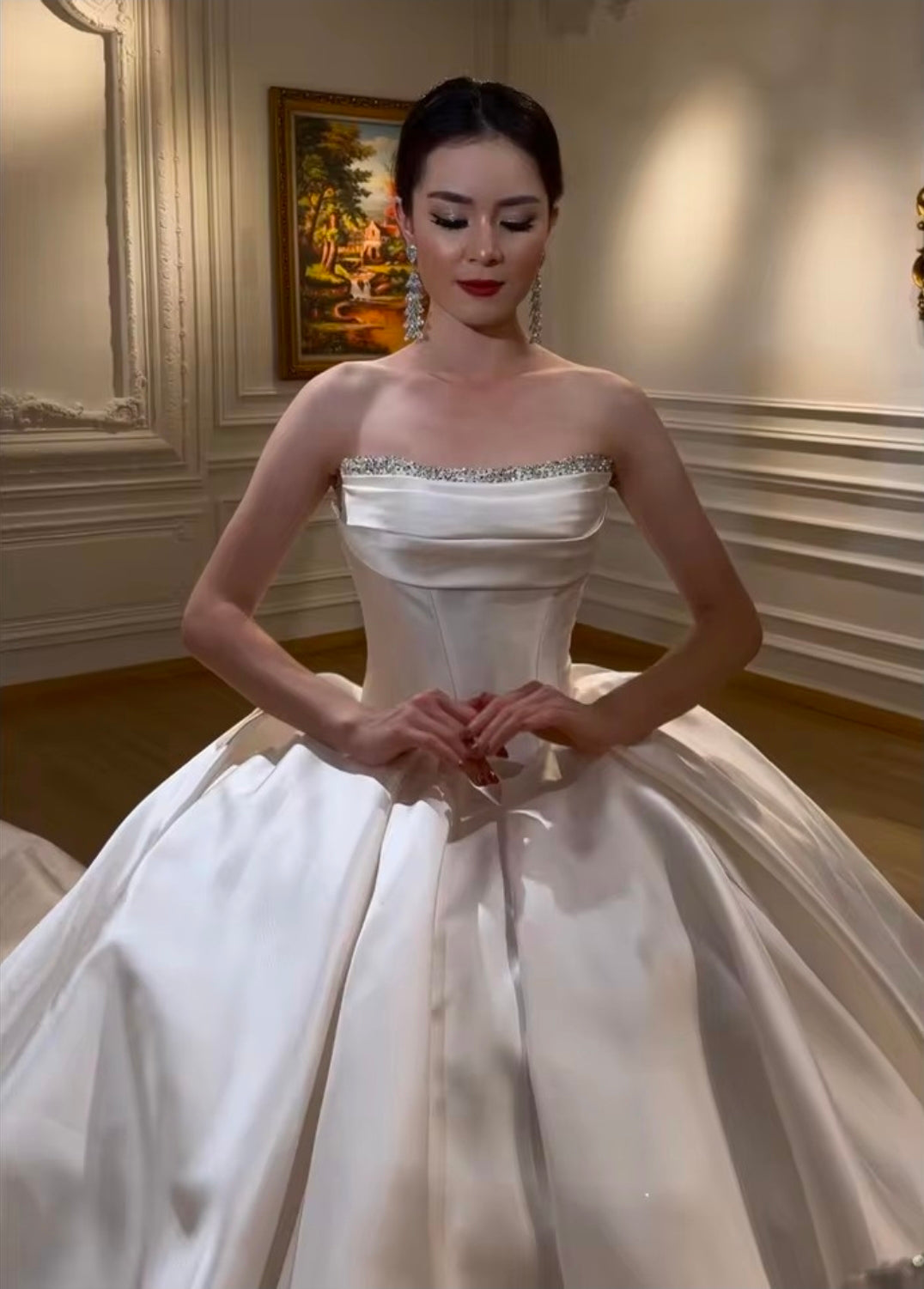 Modern And Modest Mikado Satin Strapless Beaded Neckline A-Line Gown With Long Sleeve Beaded Jacket.