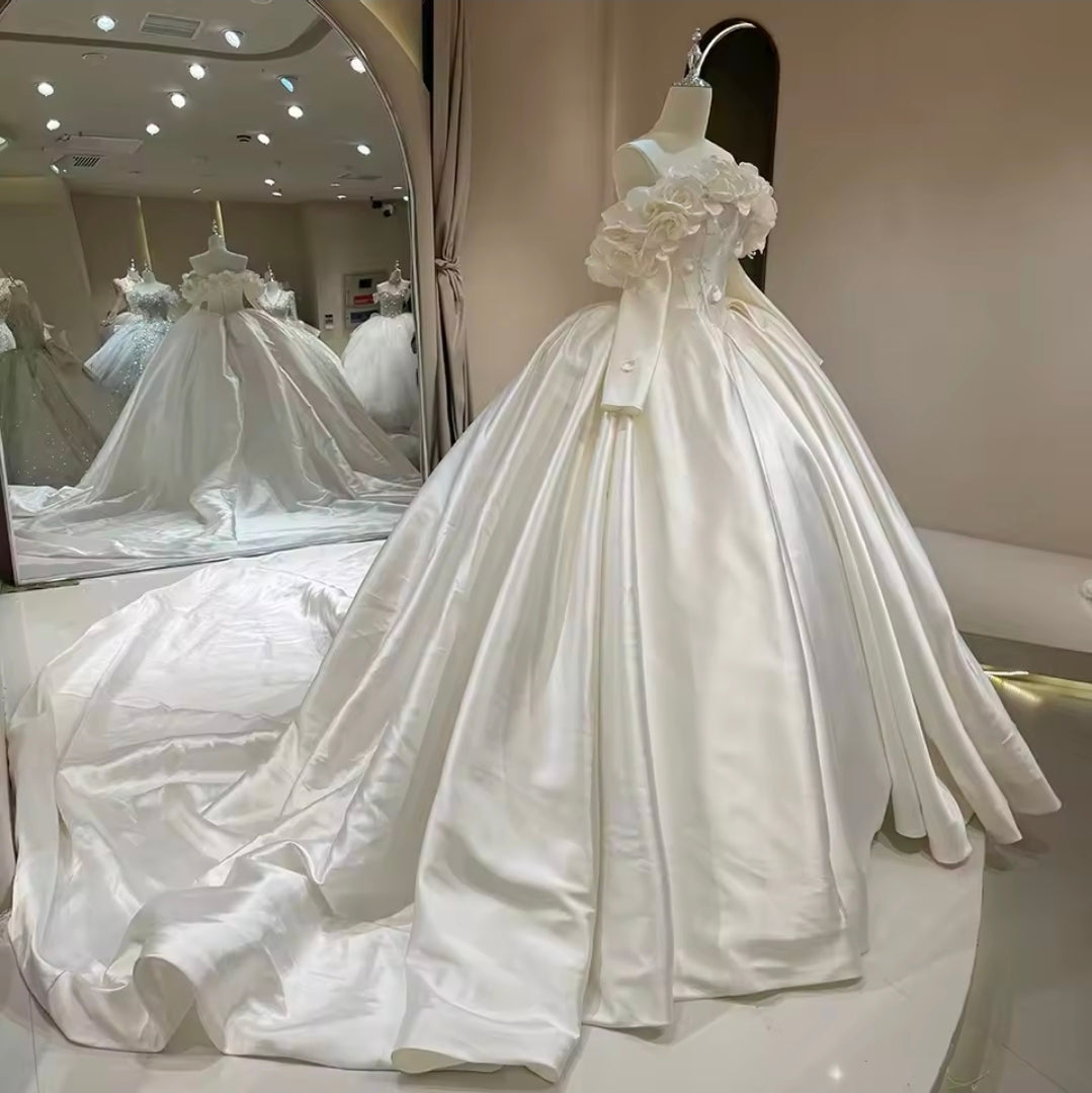 Long Sleeve Off The Shoulder Floral Appliqués Detail Cathedral A-Line Bridal Ball Room Gown With Detached Bold And Beautiful Floral Bolero