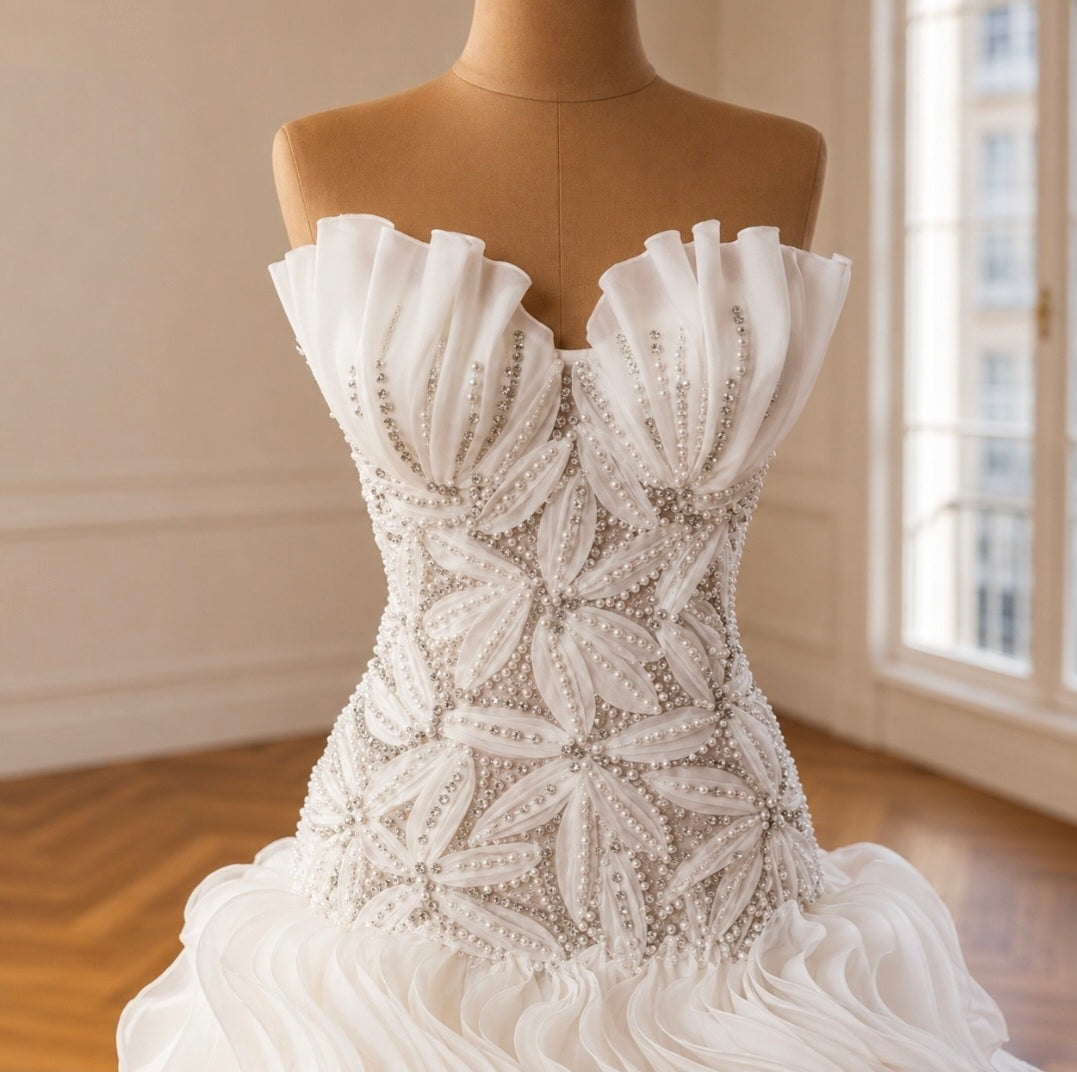 2026 Gorgeous Strapless Multi Beaded Floral Shell Sweetheart Bodice With Layered Skirt Bridal Gown With Lace Up Enclosure