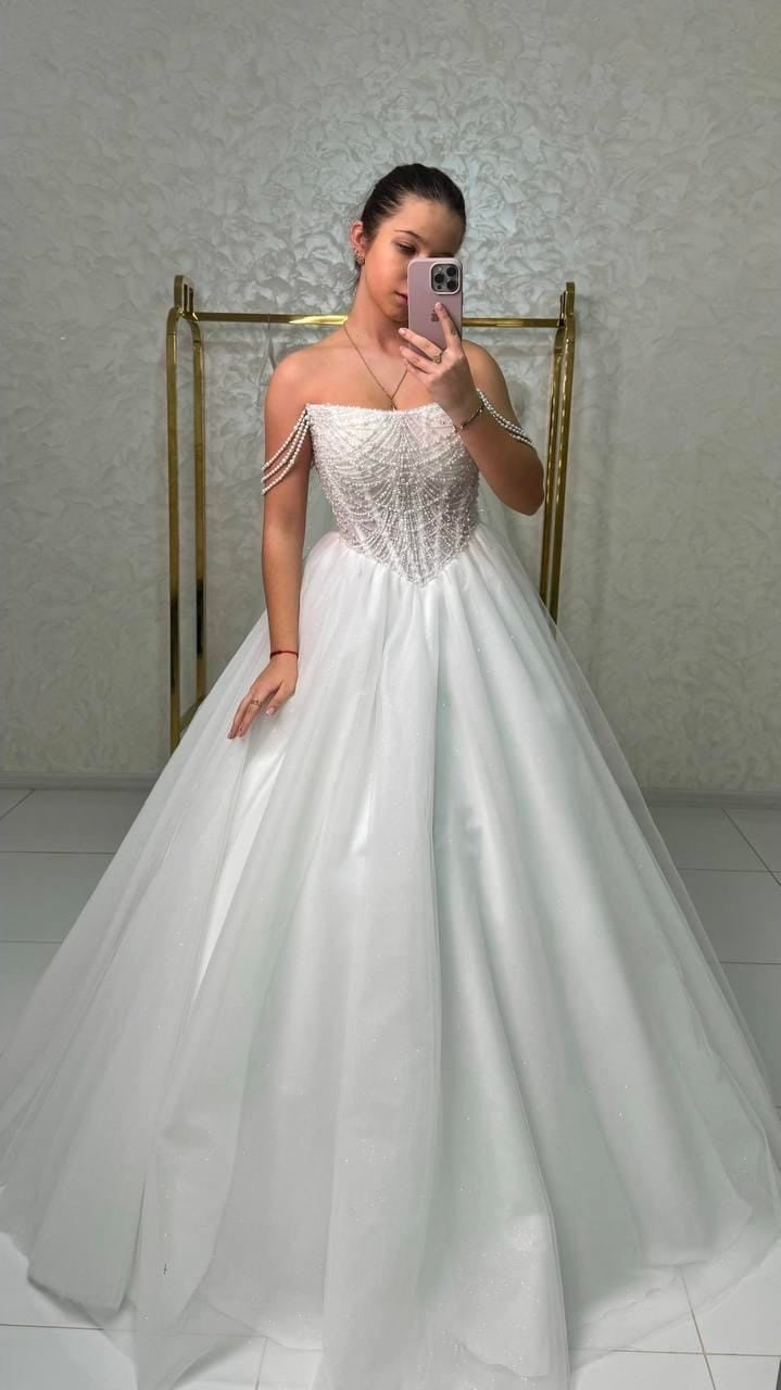 Scooped Cateye Off The Shoulder Draped Pearl Beaded Elegant A-Line Bridal Gown