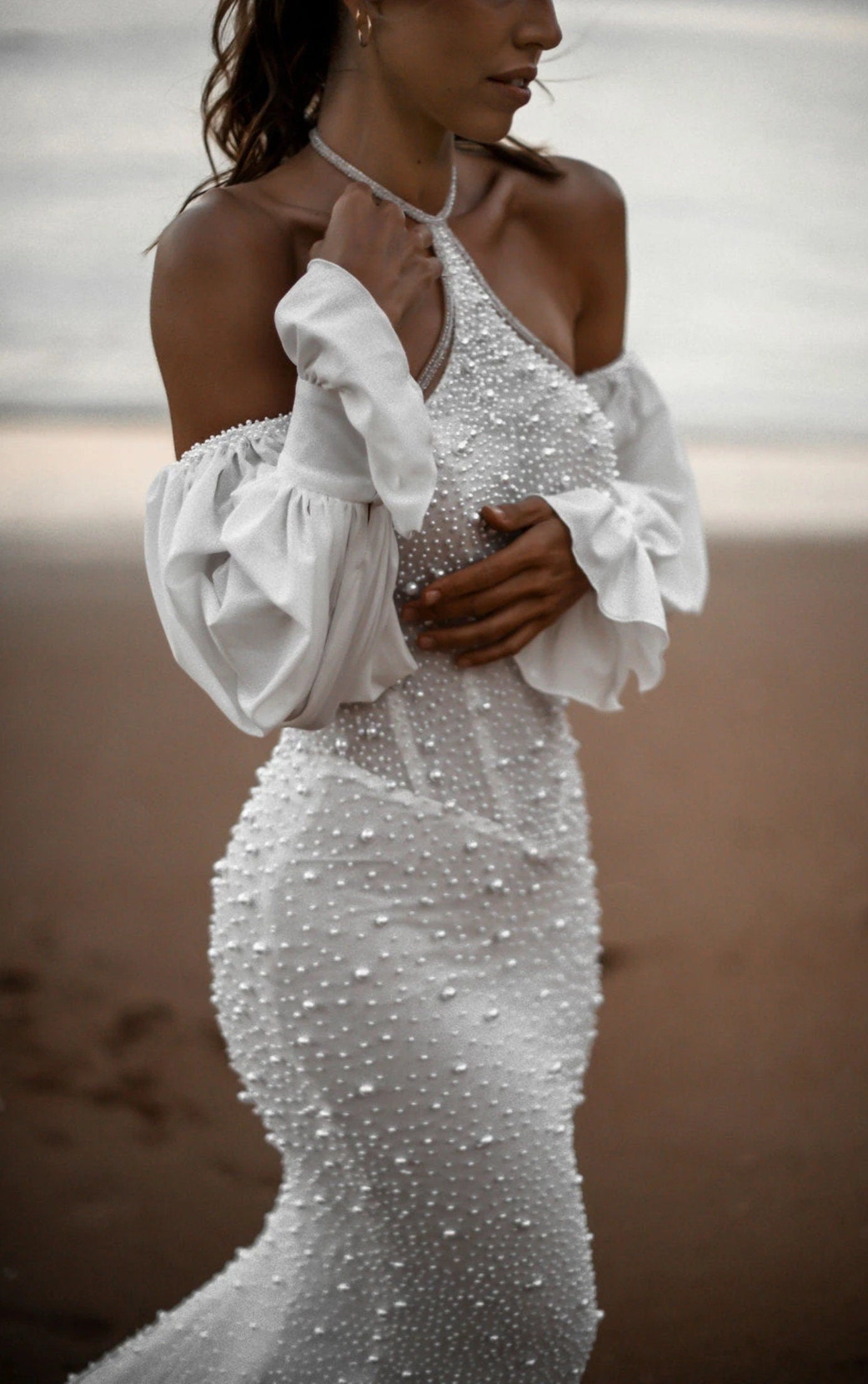 Detached Chiffon/Silk Chiffon 3/4 Pearl Beaded Bicep Sleeves