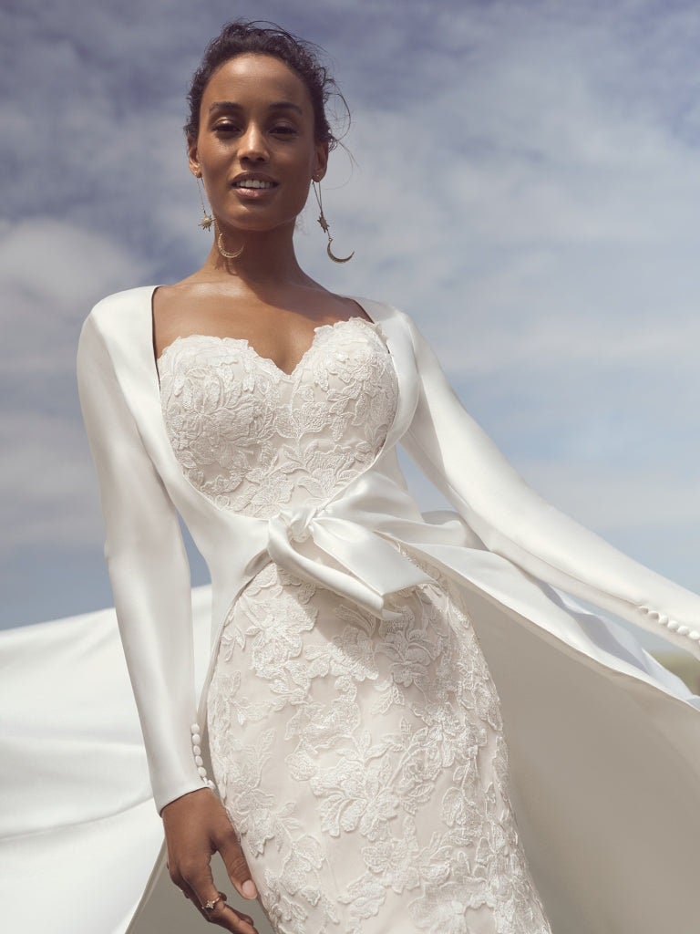 Beautiful Satin Bow Knot Front Tied Bridal Special Occasion Long Sleeve Jacket