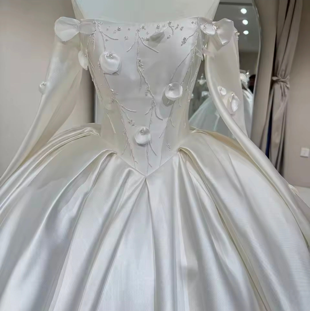 Long Sleeve Off The Shoulder Floral Appliqués Detail Cathedral A-Line Bridal Ball Room Gown With Detached Bold And Beautiful Floral Bolero