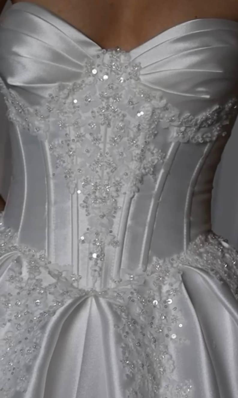 Elegant Mikado Satin Sweetheart Sequinned Floral Appliqué Pleated Corset A-Line Bridal Ball Gown
