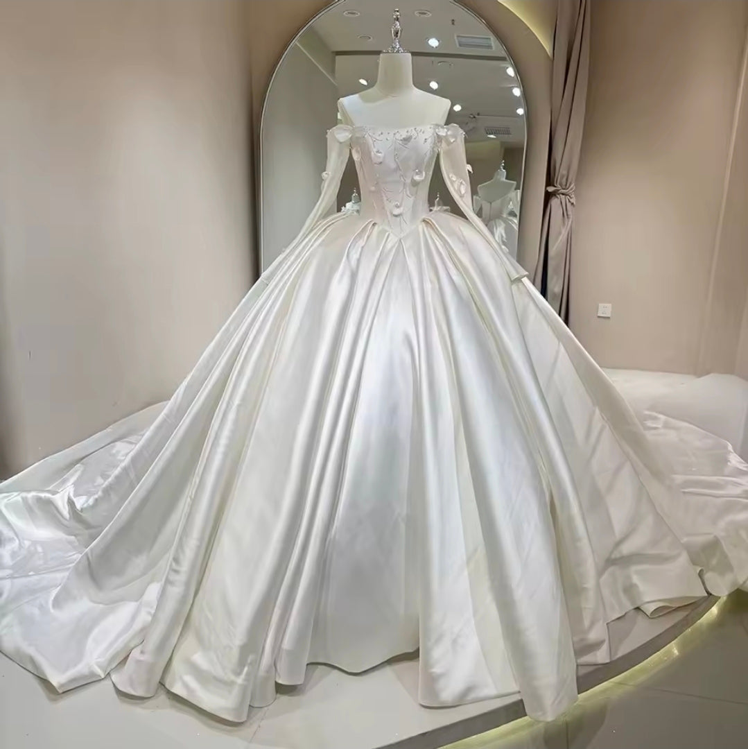 Long Sleeve Off The Shoulder Floral Appliqués Detail Cathedral A-Line Bridal Ball Room Gown With Detached Bold And Beautiful Floral Bolero