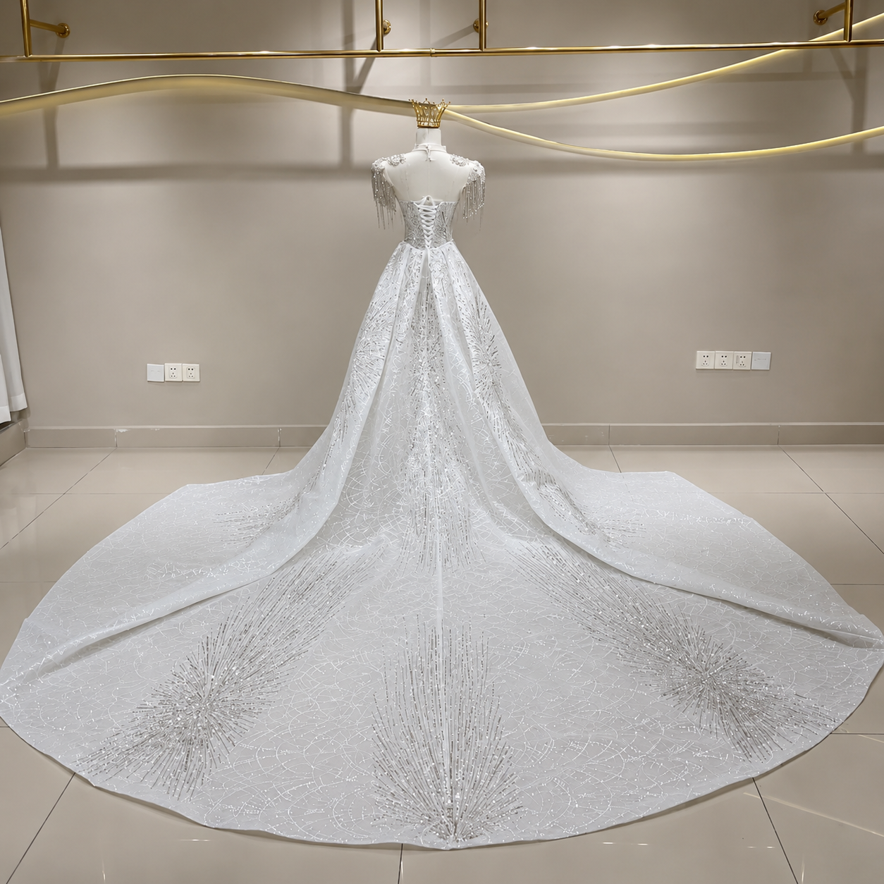 2026 2/1 Multi Beaded Draped Cap Sleeve Trumpet Gown With Detachable Train
