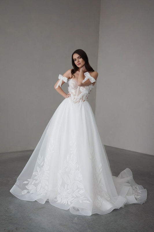 Off The Shoulder Bowknot Floral Lace Sweetheart Bodice A-Line Bridal Gown