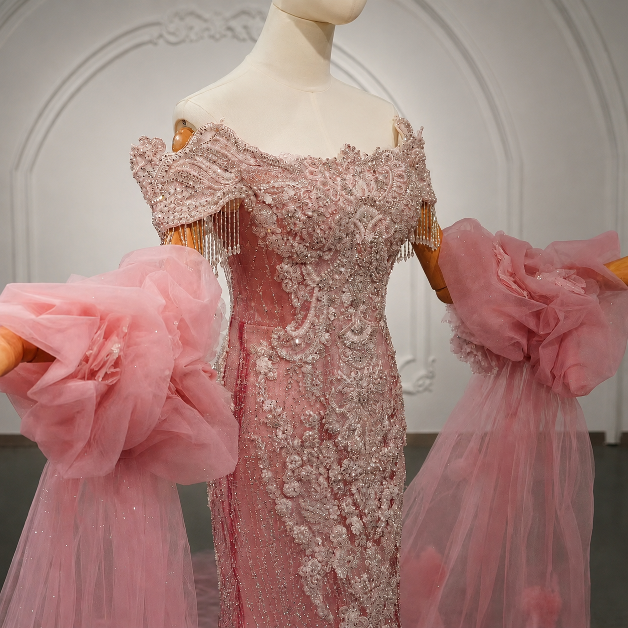 Elegantly Multi Beaded Cap Sleeve Pink Mermaid Quinceañera, Special Occasion, Formal 2026 Gown With Matching Detached Puff Floral Scattered Train Sleeves
