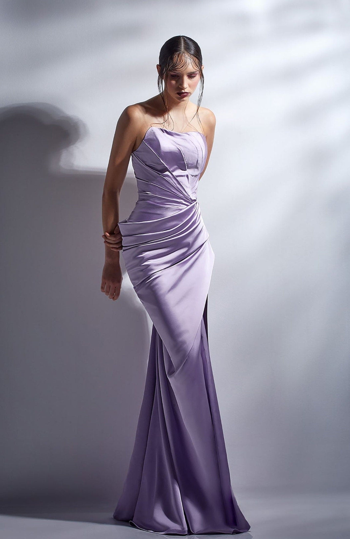 Satin Strapless Pleated & Ruched Draped High Hem Split Gown