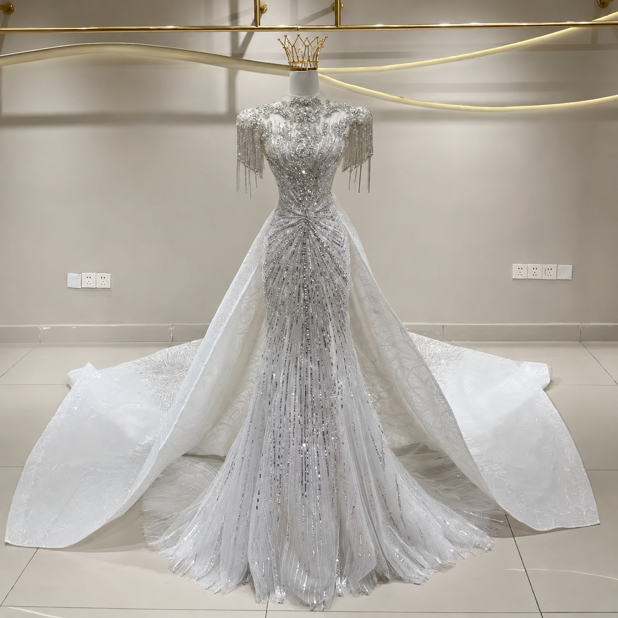2026 2/1 Multi Beaded Draped Cap Sleeve Trumpet Gown With Detachable Train