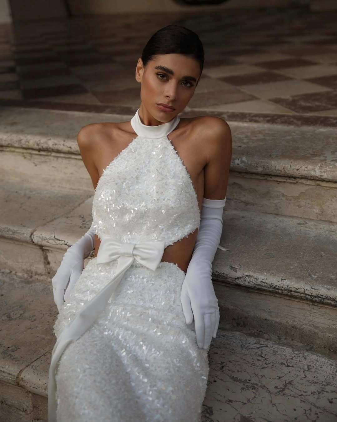 Stunning Sparkling Halter Neck, Illusion Side Cut Out With Front And Back Bowknot Detail Bridal Gown