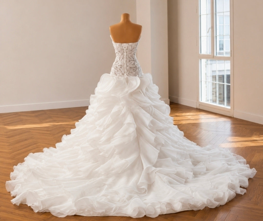 2026 Gorgeous Strapless Multi Beaded Floral Shell Sweetheart Bodice With Layered Skirt Bridal Gown With Lace Up Enclosure