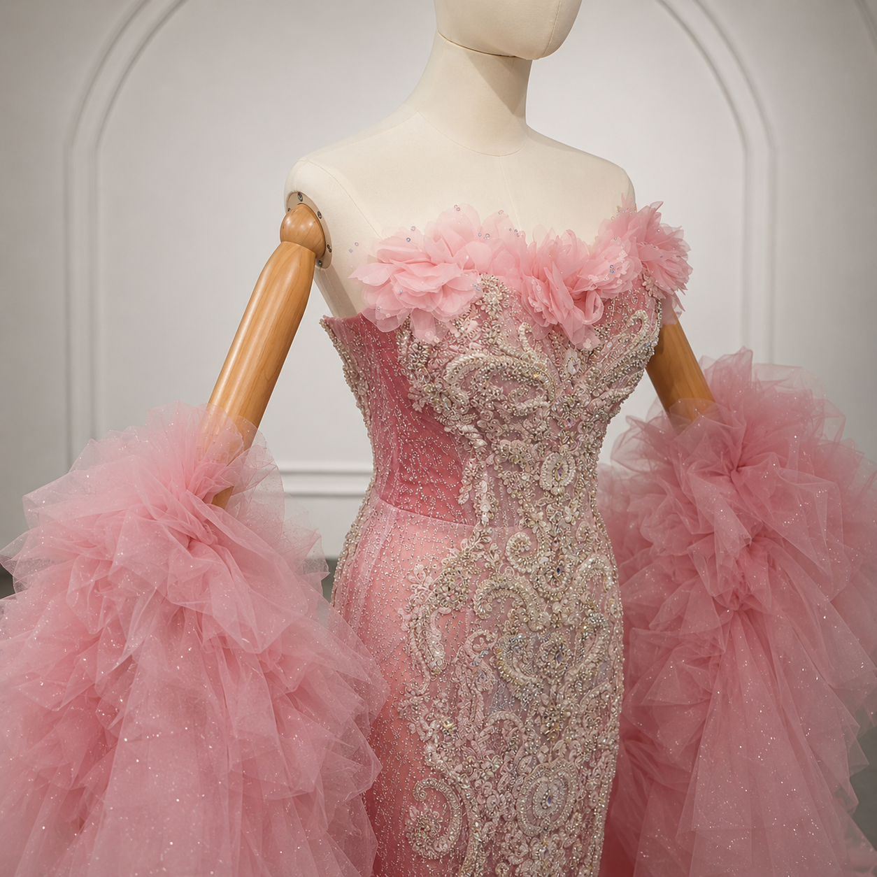 Rose Quartz Multi Beaded Strapless Sweetheart Mermaid Formal, Quinceañera, Sweet 16 Gown With Cape