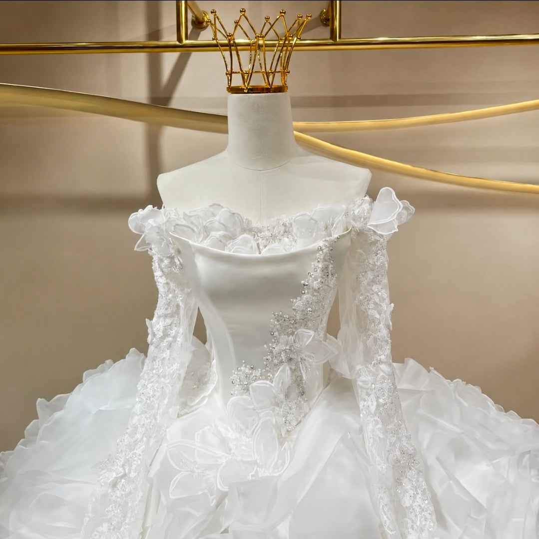 Beautiful Off The Shoulder Ruffled Floral Lace And Appliqués Scoop Neck Long Sleeve Lace A-Line Bridal Ball Gown