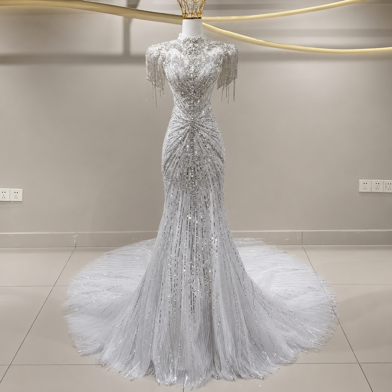 2026 2/1 Multi Beaded Draped Cap Sleeve Trumpet Gown With Detachable Train