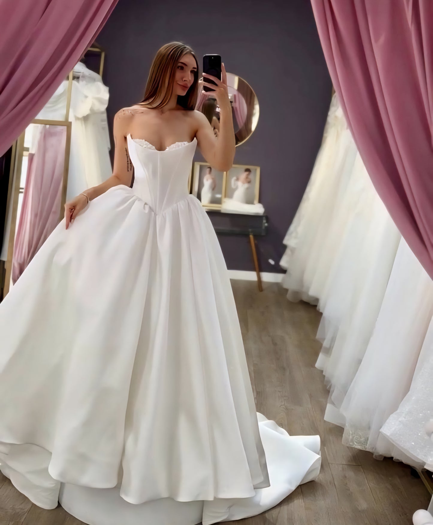Crystal & Pearl Beaded Underlay Mikado Satin Sweetheart Scoop Neckline Strapless Bridal Ball Gown