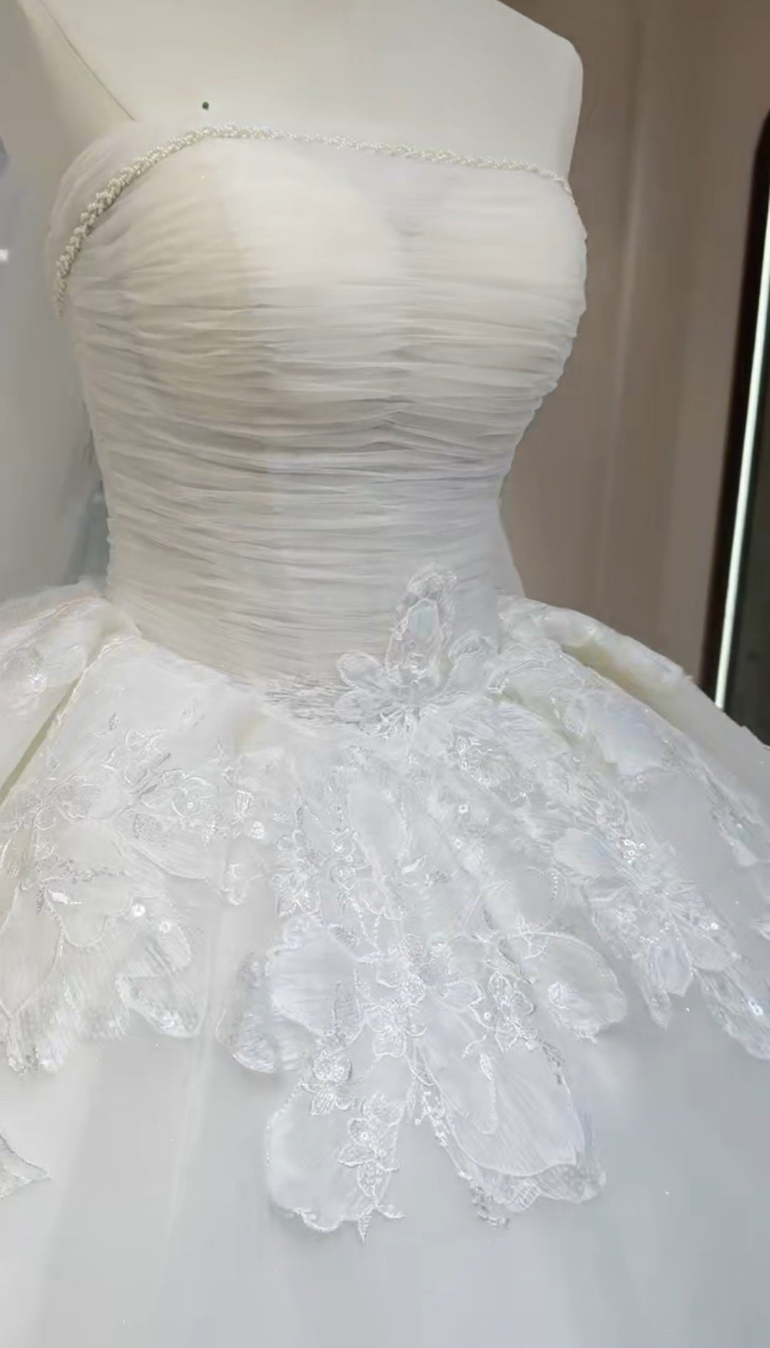 Strapless Boat Neck Beaded Ruched Bodice Detail Floral Sequin Appliqués Ivory Bridal Gown With Detached Flowing Scarf Train