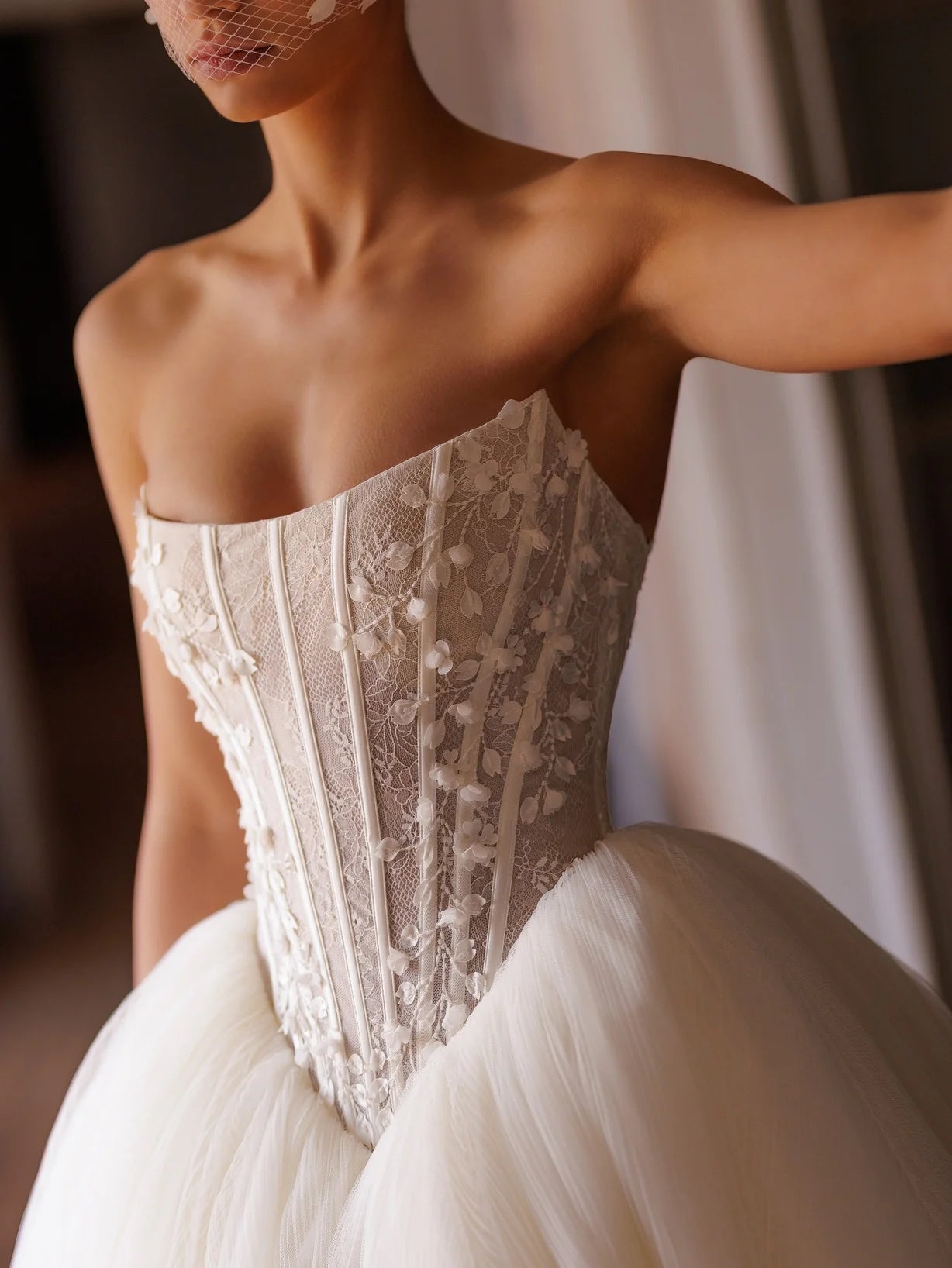 Floral Beaded Strapless Elegant & Sexy Scoop Corset A-Line Gown With Lace Up Back
