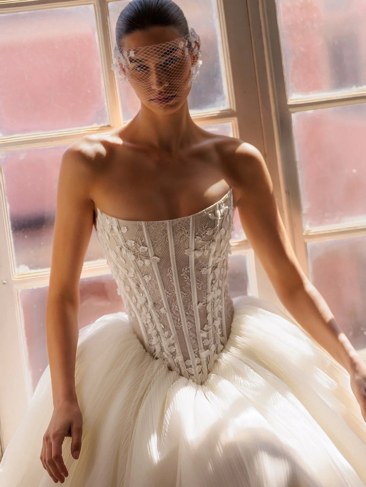 Floral Beaded Strapless Elegant & Sexy Scoop Corset A-Line Gown With Lace Up Back
