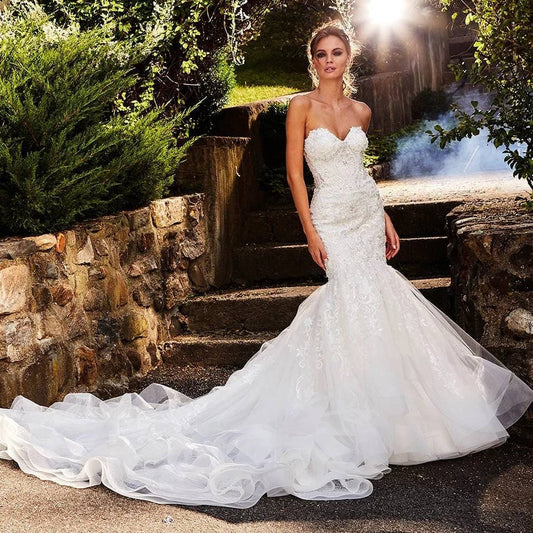 Sweetheart Beaded Crystal Lace Mermaid Style Wedding Gown