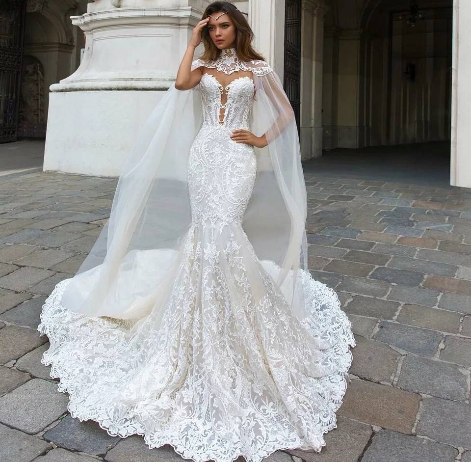 2 Piece Floral Lace Applique Wedding Gown With Detached Floral Neck Train