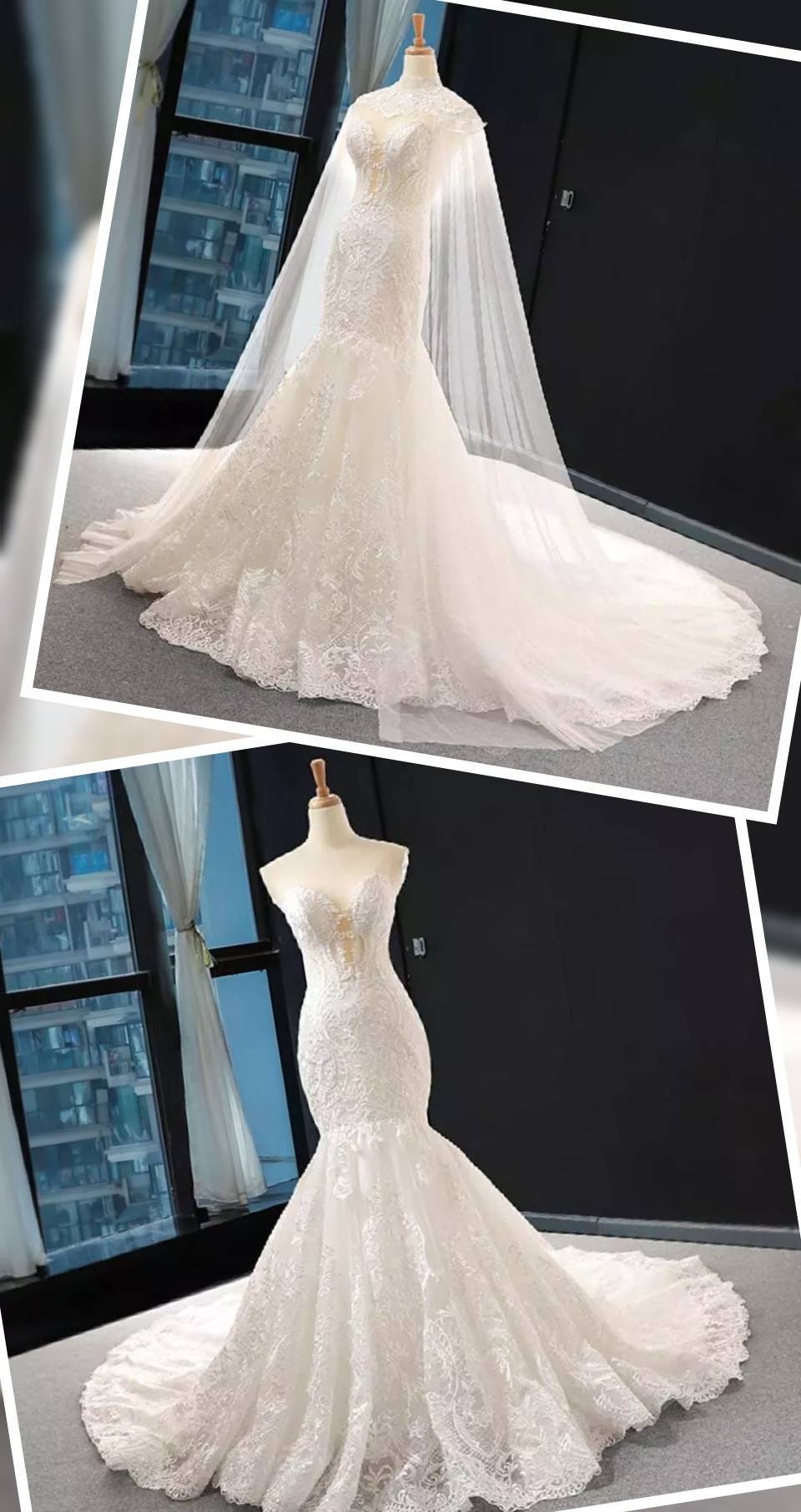 2 Piece Floral Lace Applique Wedding Gown With Detached Floral Neck Train