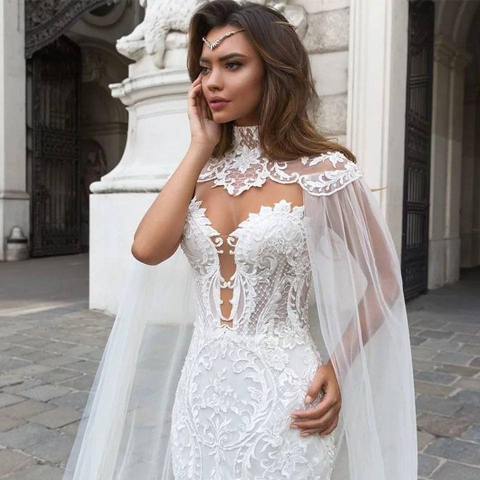 2 Piece Floral Lace Applique Wedding Gown With Detached Floral Neck Train