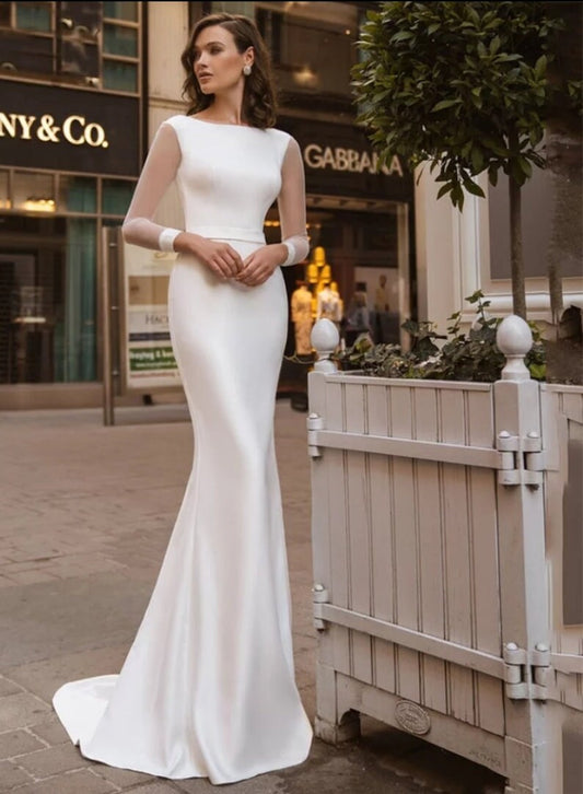 Satin A-Line Full Sheer Sleeve Corset Back Gown