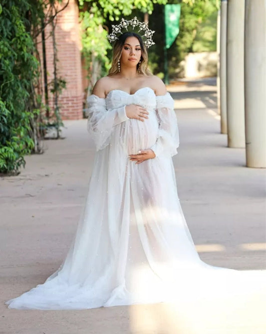 Vintage Off The Shoulder Beaded Pearls Sweetheart Maternity Gown