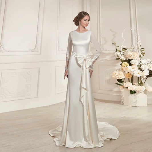 Sophisticated Satin Peek A Boo Lace Back And Oversized Bow Belt Sash Gown
