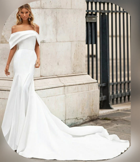 Satin Off The Shoulders Bow Back Wedding Gown
