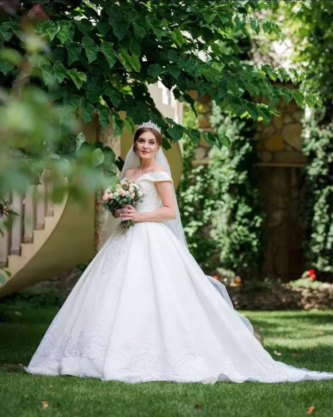 Sweetheart Off The Shoulder Embroidered Scroll Fleur De Lis Lace Wedding Gown