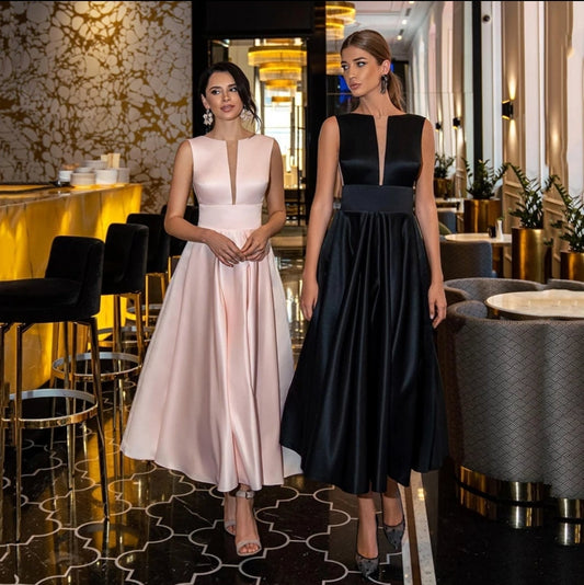 Satin Sleeveless Illusion V- Neck Backless  Tea Length Dress