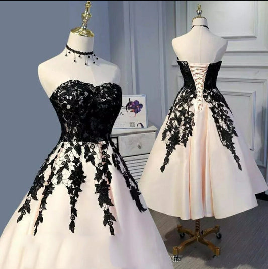 Charming Satin & Lace Tea Length Dress