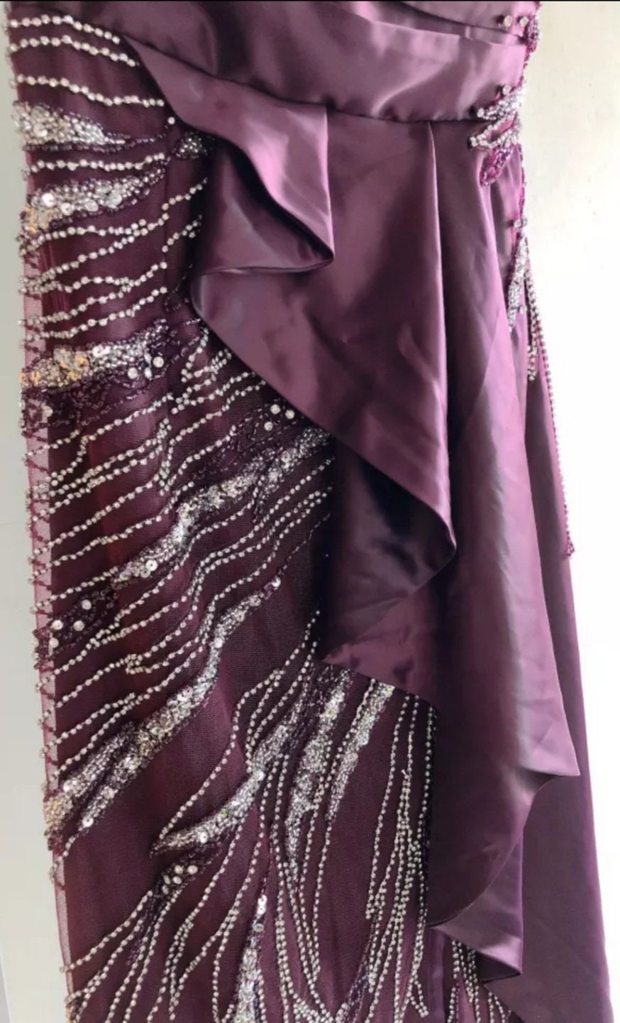 Sequined Satin Plum Off The Shoulder Crystal Beading High Slit Formal Evening Gown