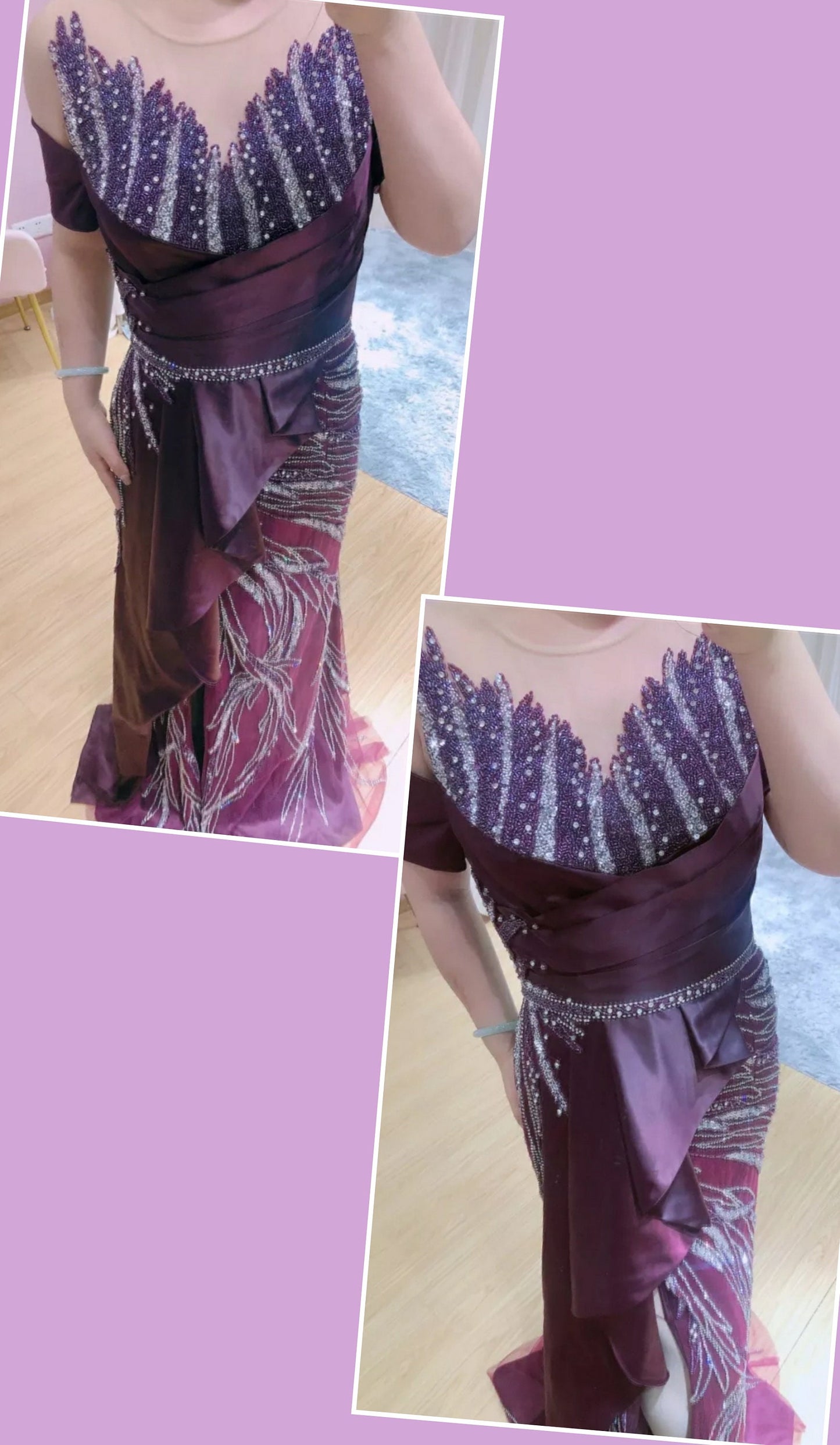 Sequined Satin Plum Off The Shoulder Crystal Beading High Slit Formal Evening Gown