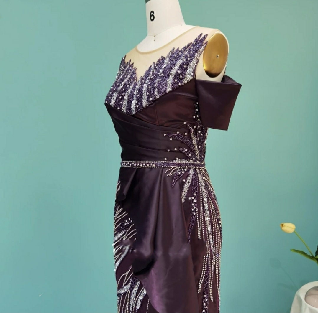 Sequined Satin Plum Off The Shoulder Crystal Beading High Slit Formal Evening Gown