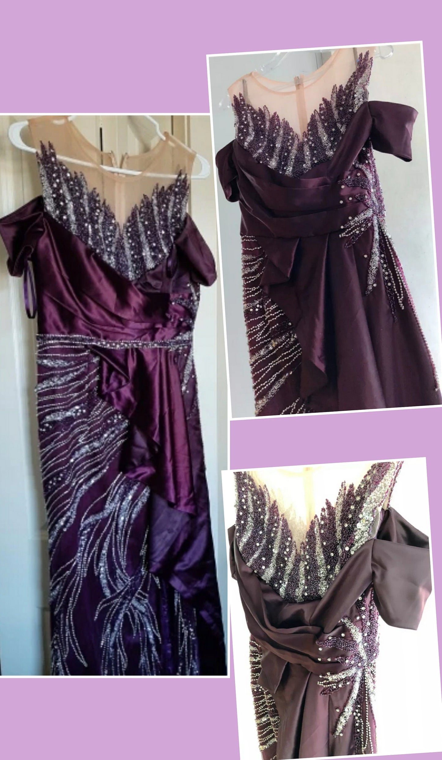 Sequined Satin Plum Off The Shoulder Crystal Beading High Slit Formal Evening Gown