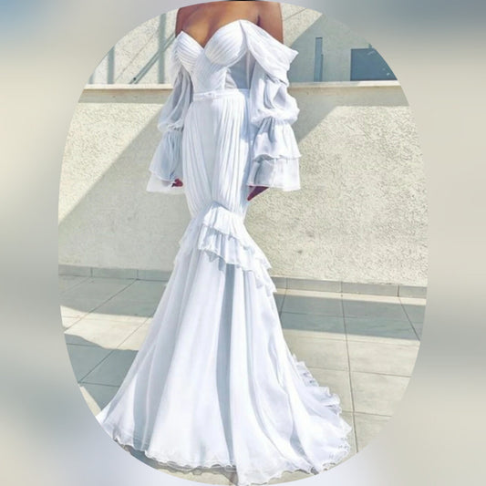Ruched & Pleated A-Line Flare Sleeve Wedding Dress