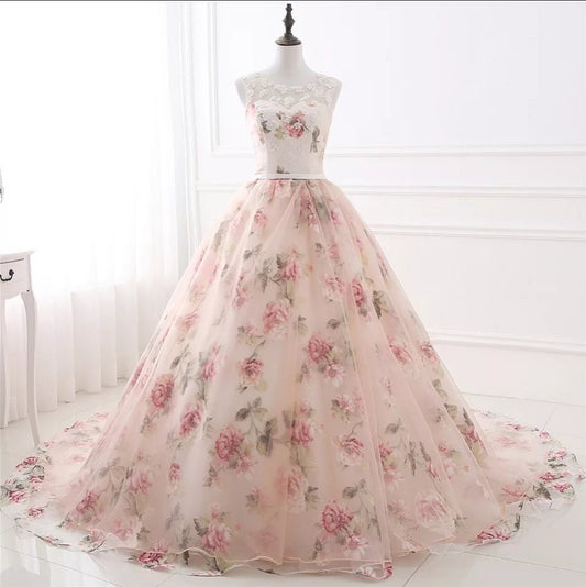 Sleeveless Pink Rose Floral Appliqués Gown With Sweep Train