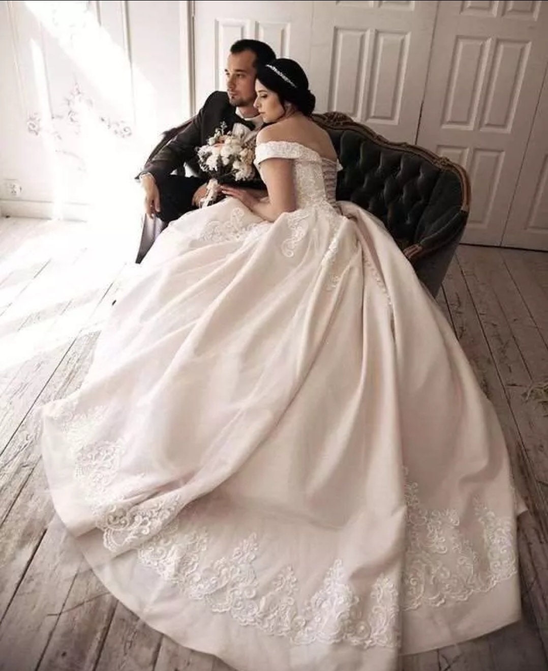 Sweetheart Off The Shoulder Embroidered Scroll Fleur De Lis Lace Wedding Gown