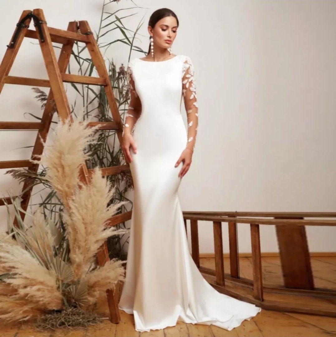 Sheer Illusion Leaves With Button Down Back & Sheer Sleeve Applique Mermaid Style Satin Gown With Sweep Train