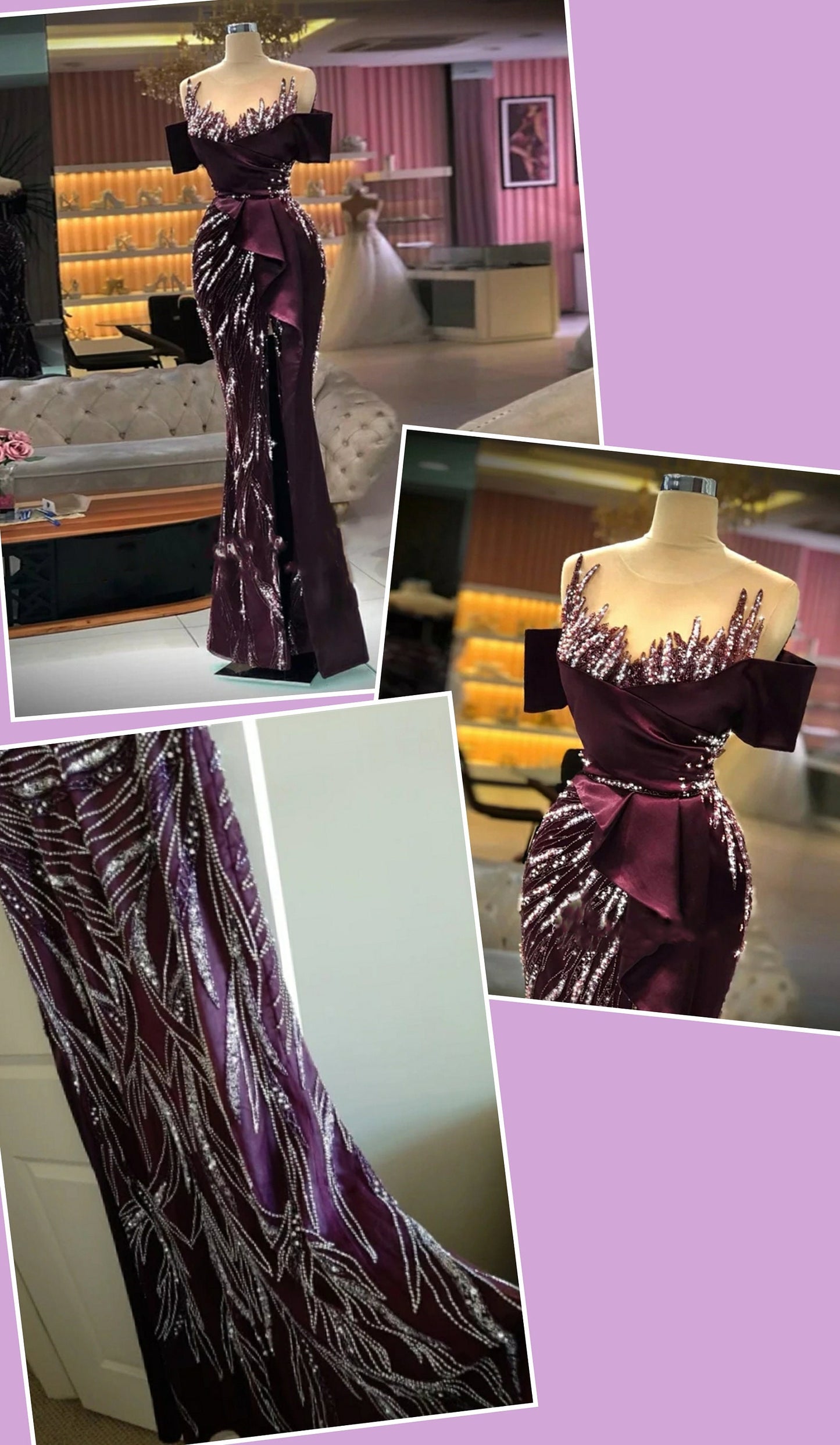 Sequined Satin Plum Off The Shoulder Crystal Beading High Slit Formal Evening Gown