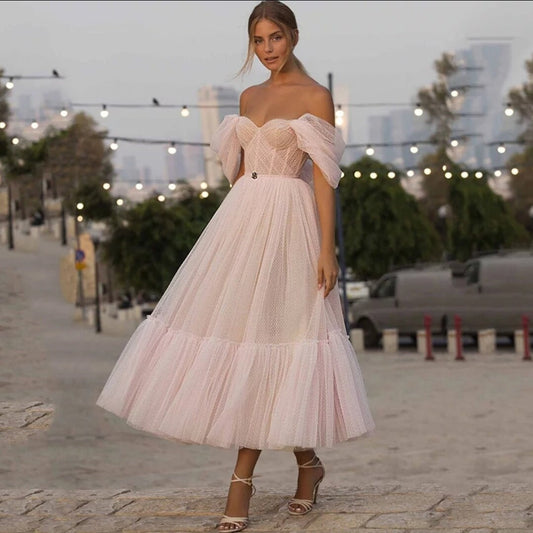 Dotted Tulle Draped Off The Shoulder Sweetheart Neck line Dress
