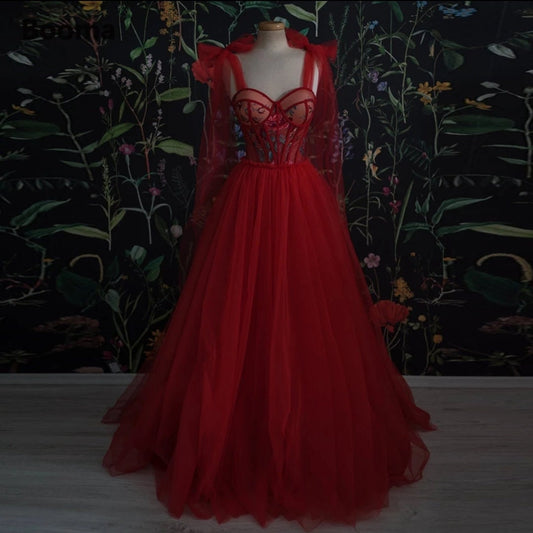 Red Sweetheart Tulle Bow Straps Floral Bustier Dress