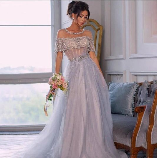 Draped Off The Shoulder Crystal & Sequined Gown