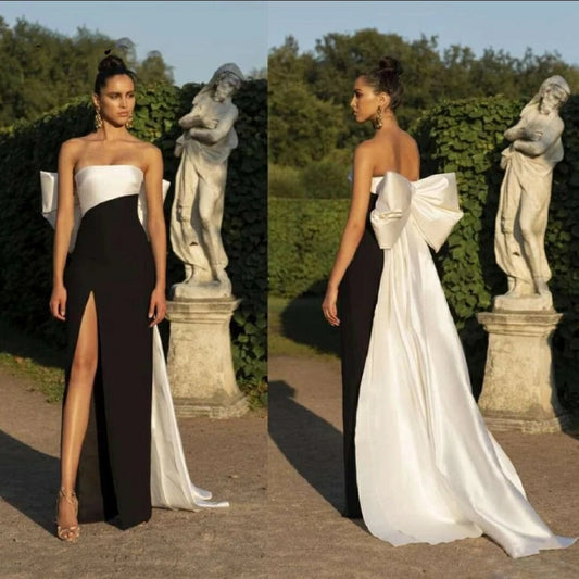 Satin Black & White High Slit Strapless Dress