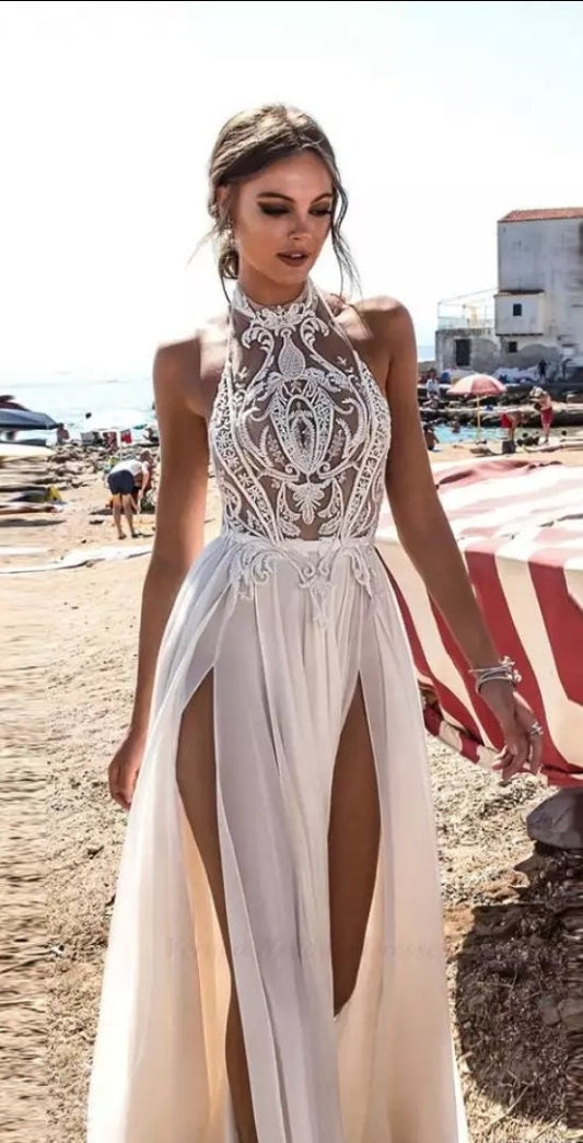 Double High Slit Chiffon & Lace Appliqués Boho Beach Wedding Dress